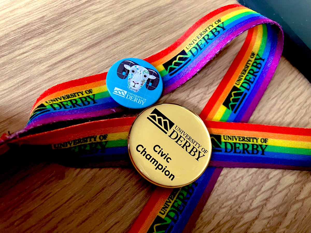 Had the pleasure of attending the @DerbyUni Civic Champion Launch Event this afternoon, earning my shiny gold badge, now sitting pride of place next to the geography ram on my rainbow lanyard. I’ll be contributing all things #WideningAccessDerby to the Civic Champion network.