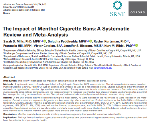 A new systematic review on the impact of menthol bans reveals that 1 in 4 menthol smokers quit smoking after a menthol ban. Very few tobacco control measures can produce these impressive results. #tobaccocontrol #banmenthol academic.oup.com/ntr/advance-ar…