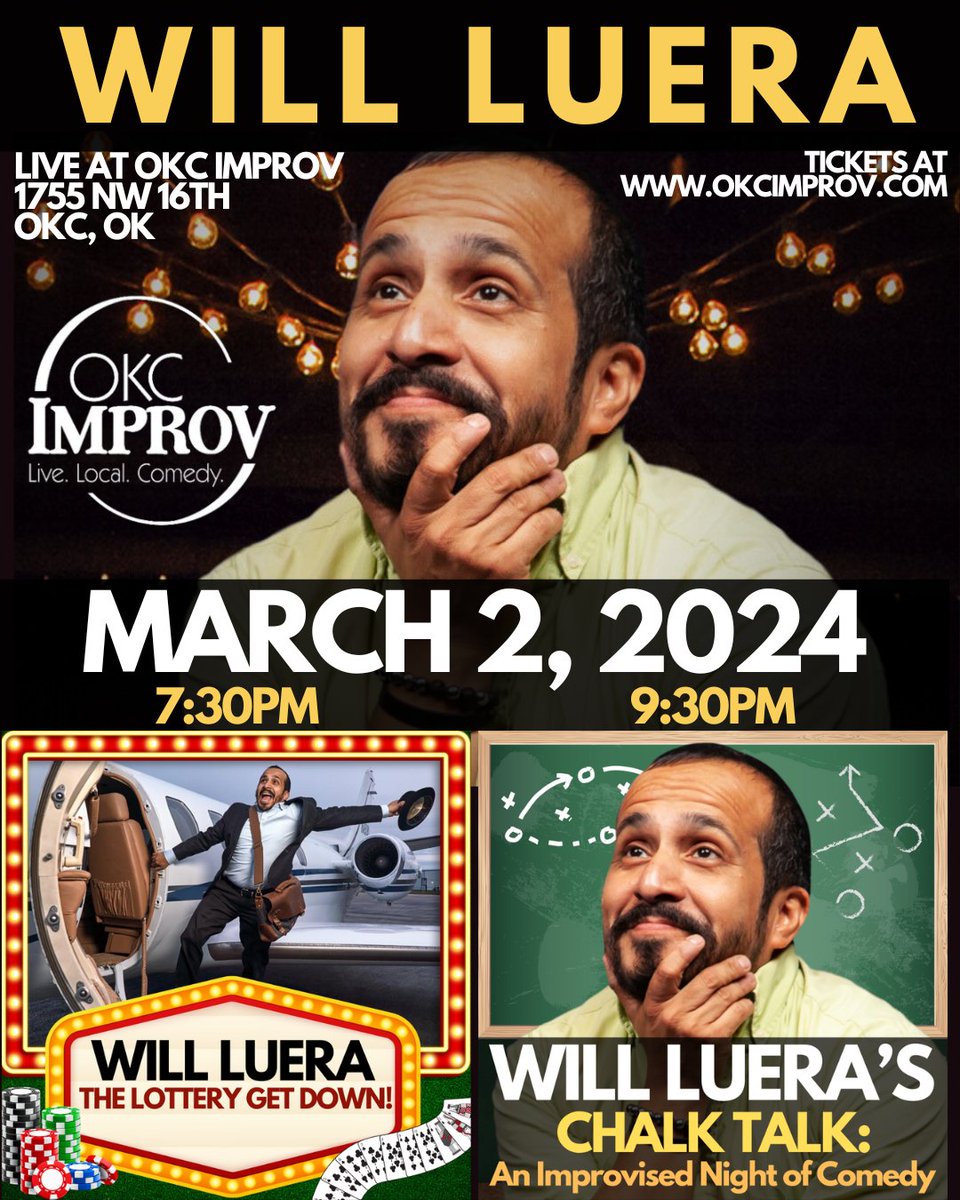 📣WILL LUERA IS COMING TO OKC IMPROV!!! Don't miss @wluera (long time comedian & Director at @fstimprov) for ONE NIGHT ONLY THIS SATURDAY (March 2nd). Tickets at okcimprov.com. #PlazaProv #WillLuera #okcimprov