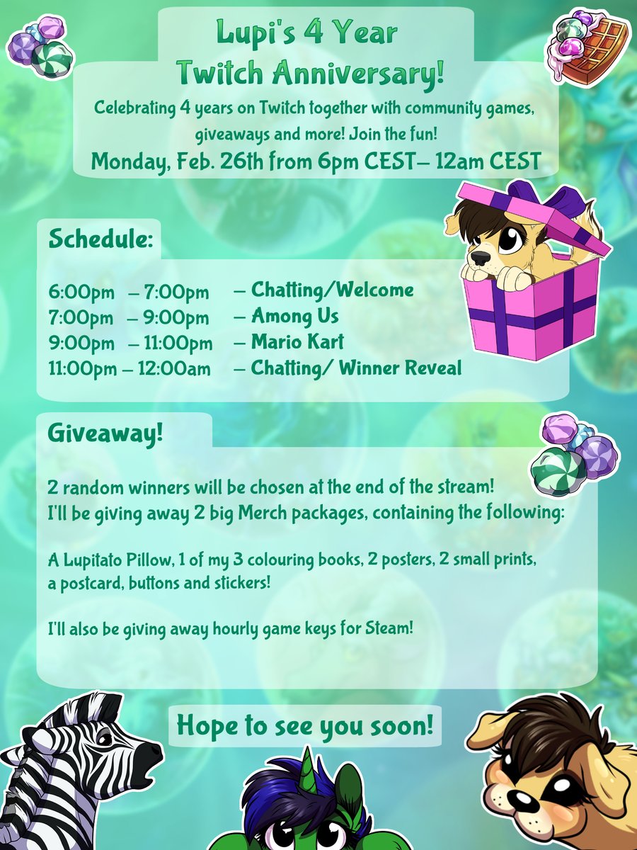 💚💜 4 Year Twitch Anniversary 💚💜

I'll be #streaming my #Twitch #Anniversary in 1 hour (6:00pm CEST) to celebrate 4 years of livestreams with you! Make sure to hop in, have fun, join the give a way and maybe even play with us! 💕✨

twitch.tv/lupiarts

#stream #streamer