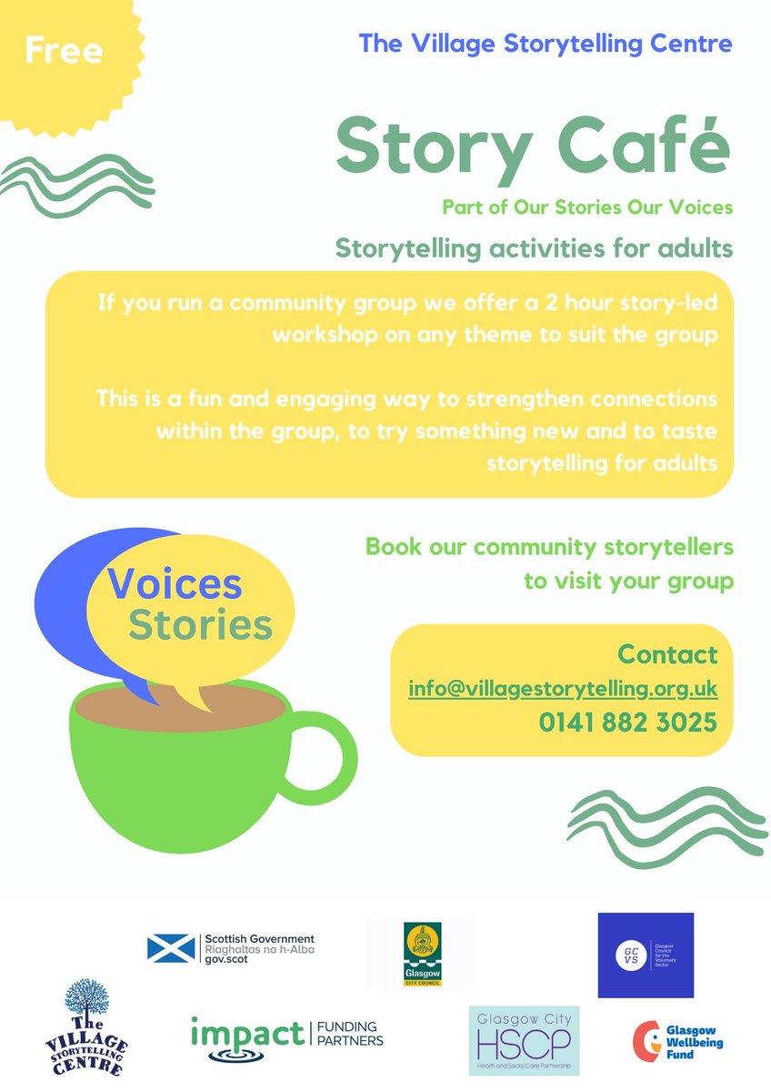 Would you like a free Story Café for your group? We offer our free, story-led workshops to adult community groups across Glasgow. If you're interested in finding out more, please contact us at info@villagestorytelling.org.uk. Thanks to @impact_funding @GlasgowCVS @glasgowcc 💙