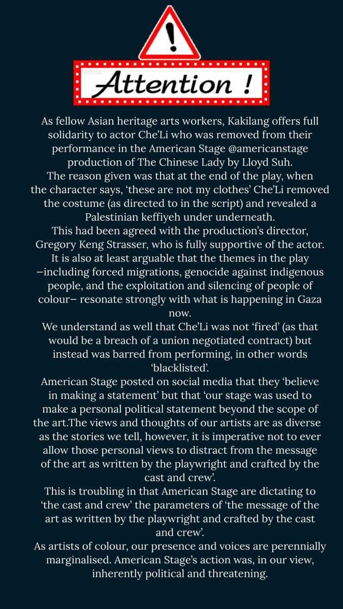 Our statement about the American Stage production of The Chinese Lady