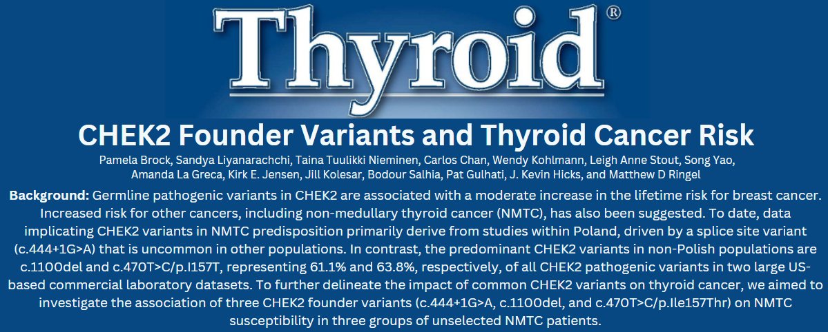 Do CHEK2 variants affect the risk of #thyroidcancer? Are they targets for possible treatment? Scientists from @OSUCCC_James and @OhioStateMed investigate. ow.ly/j1NM50QGPAC @pamela_brock_gc @ThyroidJournal #medtwitter