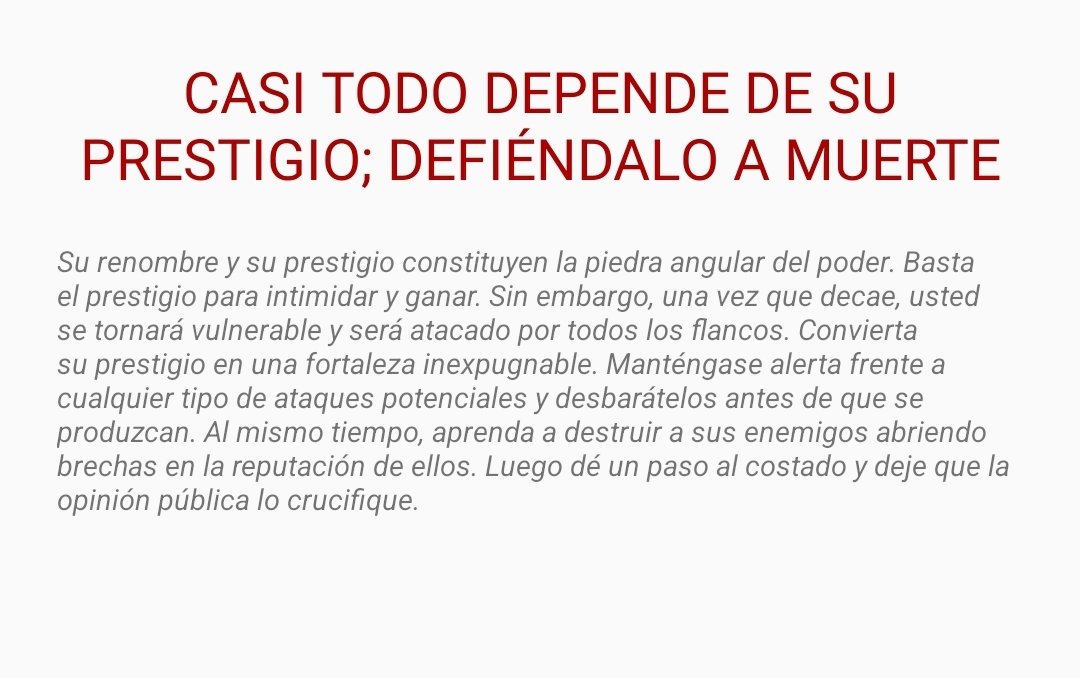 De las 48 leyes del poder*** 

La reputación es la piedra angular del poder, pero si la pierde se vuelve vulnerable… 
Permanezca alerta a posibles ataques y frústrelos…