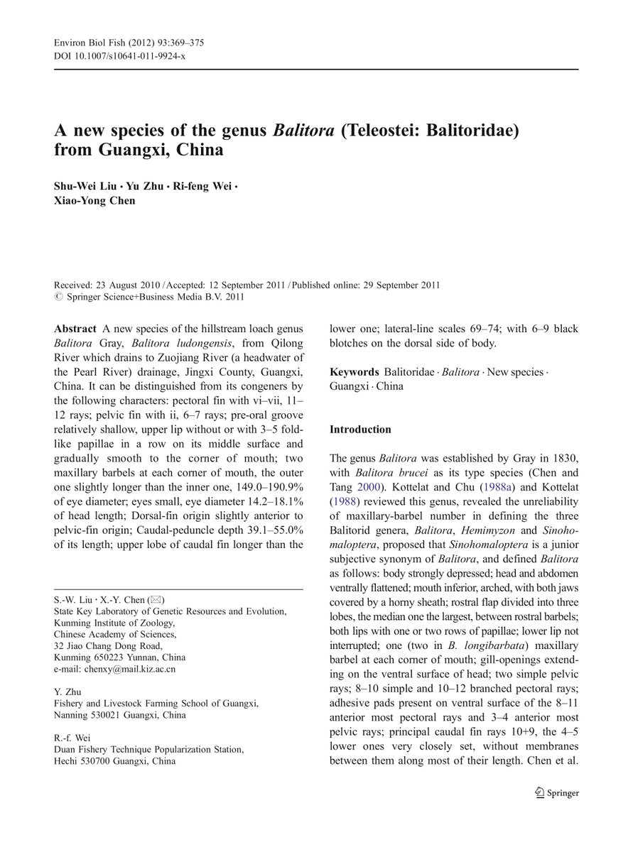 A new species of the genus Balitora Teleostei Balitoridae from Guangxi, China eurekamag.com/research/036/2…