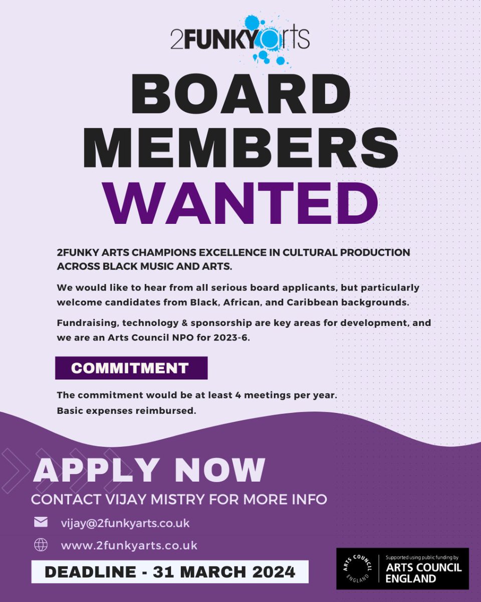 We are looking for new members to be part of our exciting board. At least 4 virtual meetings per year. Basic expenses reimbursed. For more info, please contact our Director Vijay Mistry on Vijay@2funkyarts.co.uk. @ace_midlands @ace_national #leicester