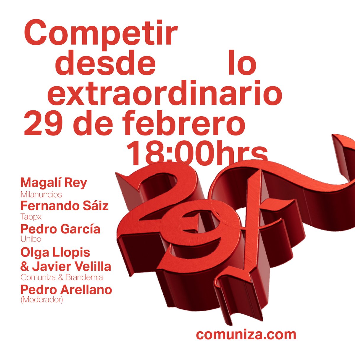 Un día especial que me hace especial ilusión.
Compartir mesa redonda con grandes profesionales del branding es un lujo extraordinario. Qué mejor día para hacerlo que el 29 de febrero.
Rellena el formulario, te esperamos ;)
#29Febrero #Barcelona #Evento #Branding #Comuniza