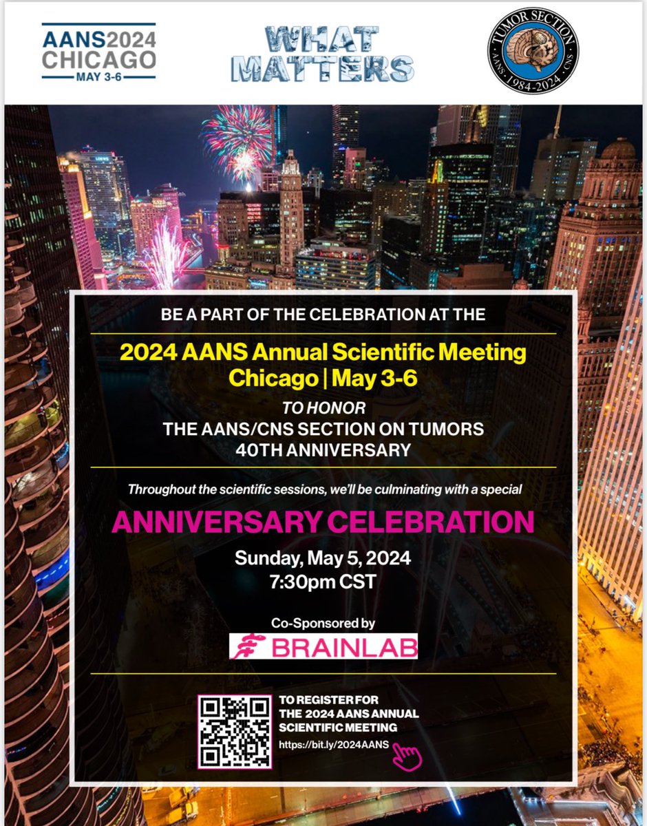 What matters in Neurosurgical Oncology???? Come to #aans2024 @AANSNeuro with the Joint Tumor Section to find out at the 40th Anniversary Celebration! See the QR code below to register:
