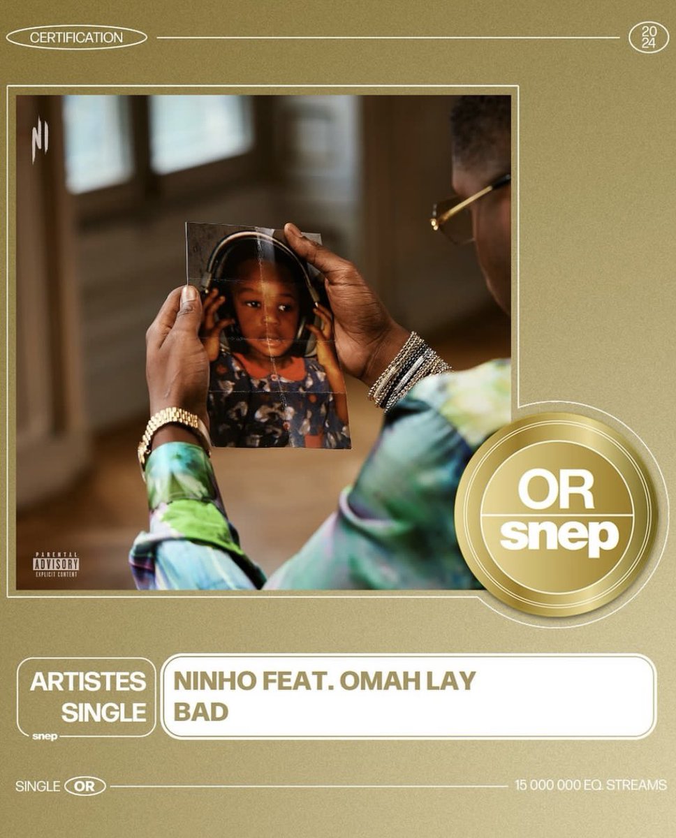 Omahlaynews's tweet photo. 📰🗞️ : @ninhosdt’s “Bad” featuring @Omah_Lay is now certified GOLD in France 🇫🇷 

— This is Omah Lay’s third certification in France. https://t.co/gp3EsIgb1z