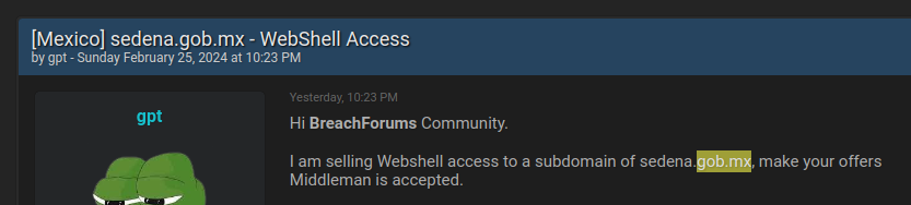 victor_ruiz's tweet photo. ⚠️🇲🇽Alerta: Presuntamente a la venta acceso webshell a subdominio de https://t.co/TCcYqvOuB9. Una webshell es un código que interpreta la información de un servidor web y permite a un atacante tomar el control de este. Se pide a Sedena que tome las medidas de prevención adecuadas https://t.co/n6VOOFsUnM