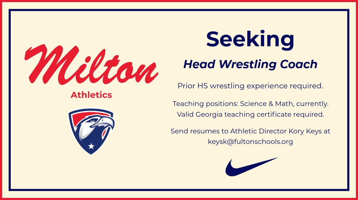 We are looking for a head wrestling coach! We have a first-class, dedicated wrestling room and passionate community coaches. Please reach out to Kory Keys with any interest.