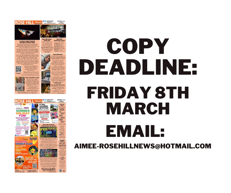 If you would like to include any content for the next edition of RHN, please send it to us by Fri 8th March.
Word count: 100-350 words. If you would like to discuss your idea, or need help, please let me know. 
You can send content to: [ aimee-rosehillnews@hotmail.com ] #rosehill