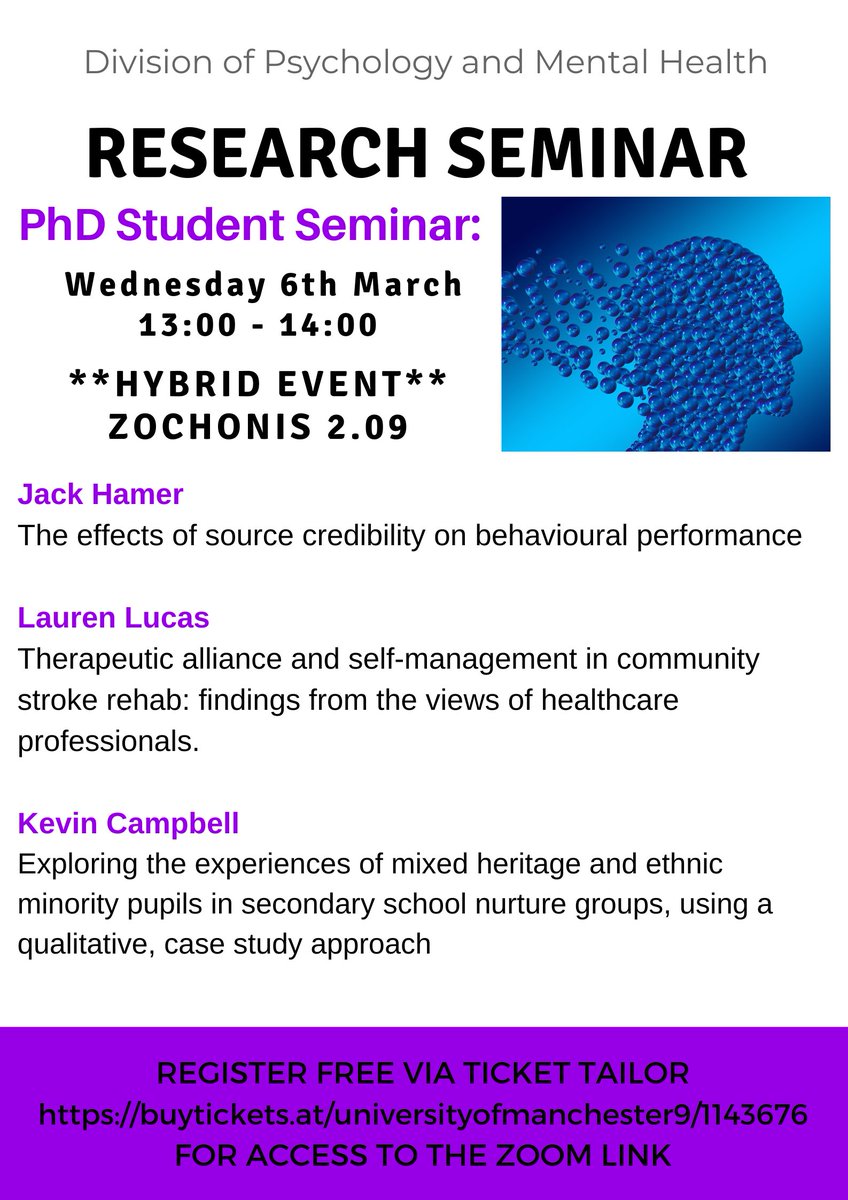 Next week we have presentations from three of our @UoM_PMH_PGRs . Jack Hamer, Lauren Lucas & Kevin Campbell will be discussing their research findings. Register to attend our free seminar (includes pizza) via ticktailor: buytickets.at/universityofma…… @FBMH_UoM @ManHealthPsych