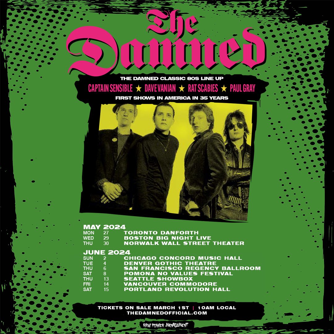 The Damned US Tour 2024🇺🇸 This May we’ll be returning to the US for our first shows in 35 years. Tickets on sale 1st March, 10am local. officialdamned.com/live
