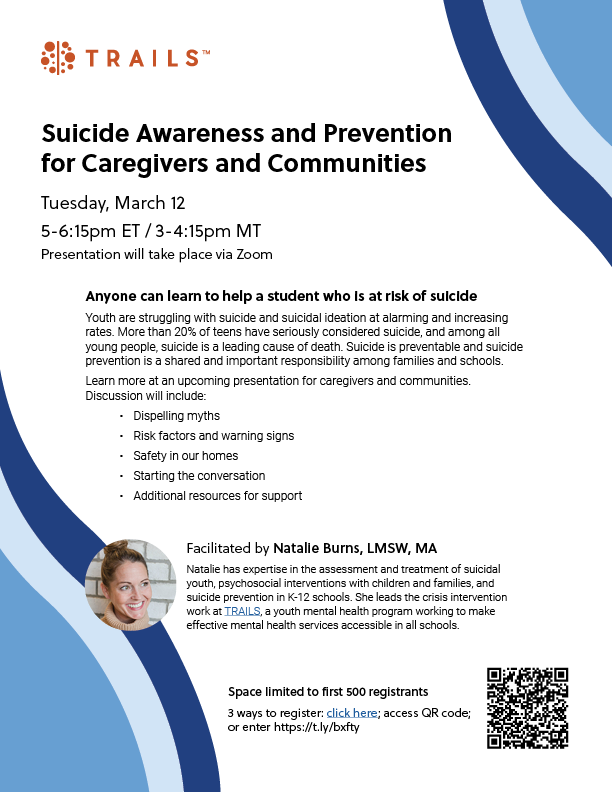 CRESTcollab's tweet photo. Great Resource -
Suicide Awareness and Prevention: A Presentation for Caregivers and Communities TRAILS invites you to attend an upcoming presentation: The free presentation will take place via Zoom on Tuesday, March 12, from 5:00 -6:15pm https://t.co/KV7E5hrDQ6
