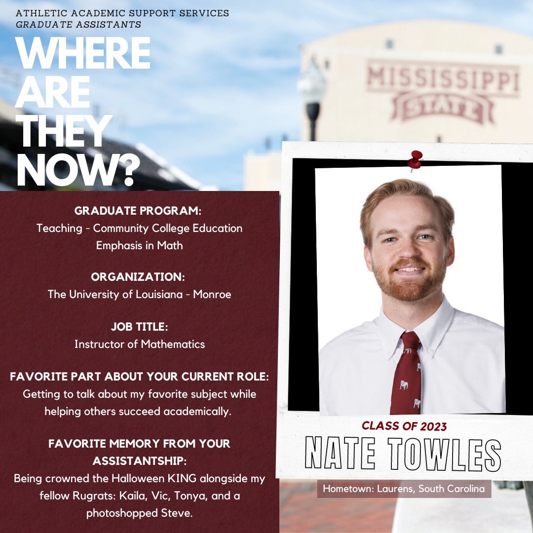 GA Where Are They Now: 𝐍𝐚𝐭𝐞 𝐓𝐨𝐰𝐥𝐞𝐬

Thank you for your passion in supporting our students during your time at State. Especially in your favorite subject, math! Your time as both a tutor and GA helped push our students and the LSS unit. 

#hailstate #GAWhereAreTheyNow