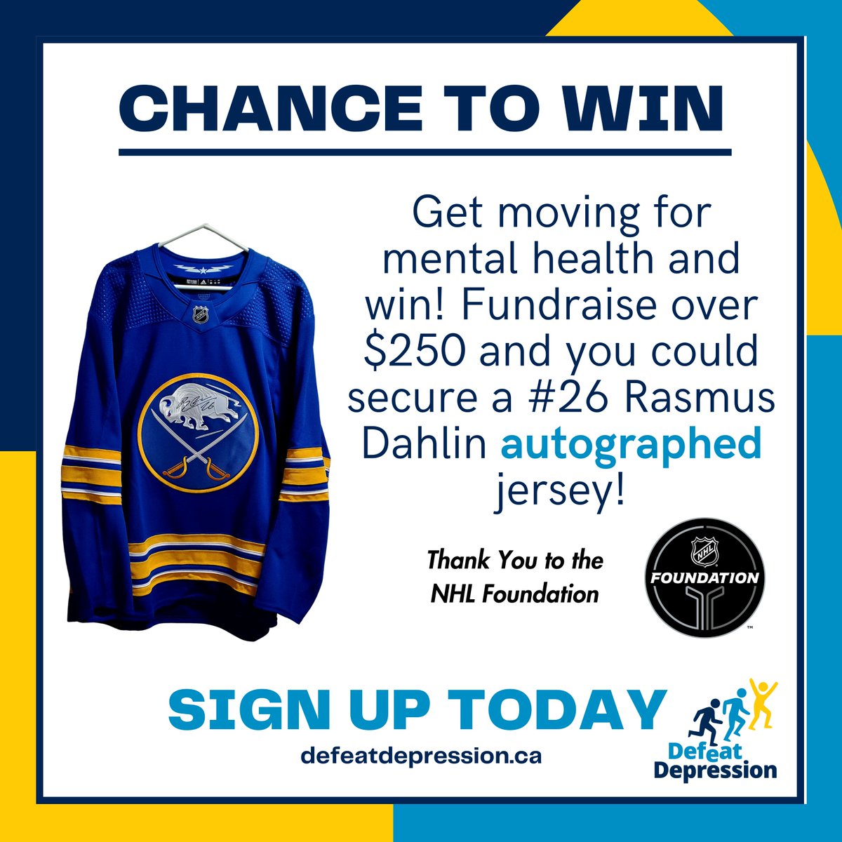 🎉Exciting News! Participants who raise over $250 for mental health by the end of May get a chance to win an autographed Rasmus Dahlin jersey! A HUGE thank you to the <a href="/NHL/">NHL</a> for their generous donation. 🏒Let's score big for mental health! DefeatDepression.ca <a href="/MoodDisordersCa/">MoodDisorders Canada</a>