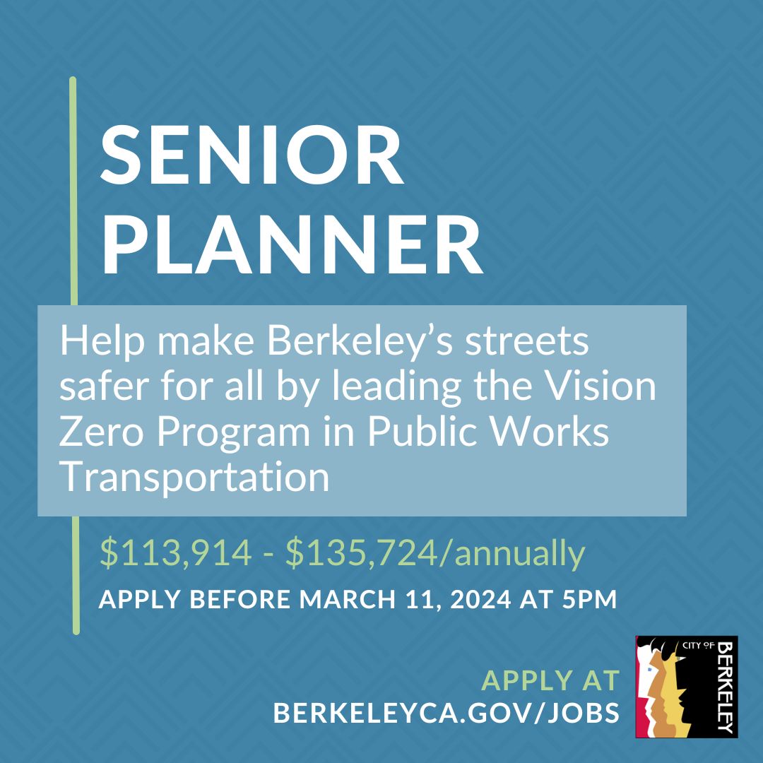 Help make Berkeley's streets safer for everyone!Join us as a Senior Planner overseeing the Vision Zero Program, where you'll spearhead projects to minimize traffic accidents and injuries. 🚸 Apply by March 11: governmentjobs.com/careers/berkel… Community message: berkeleyca.gov/community-recr…