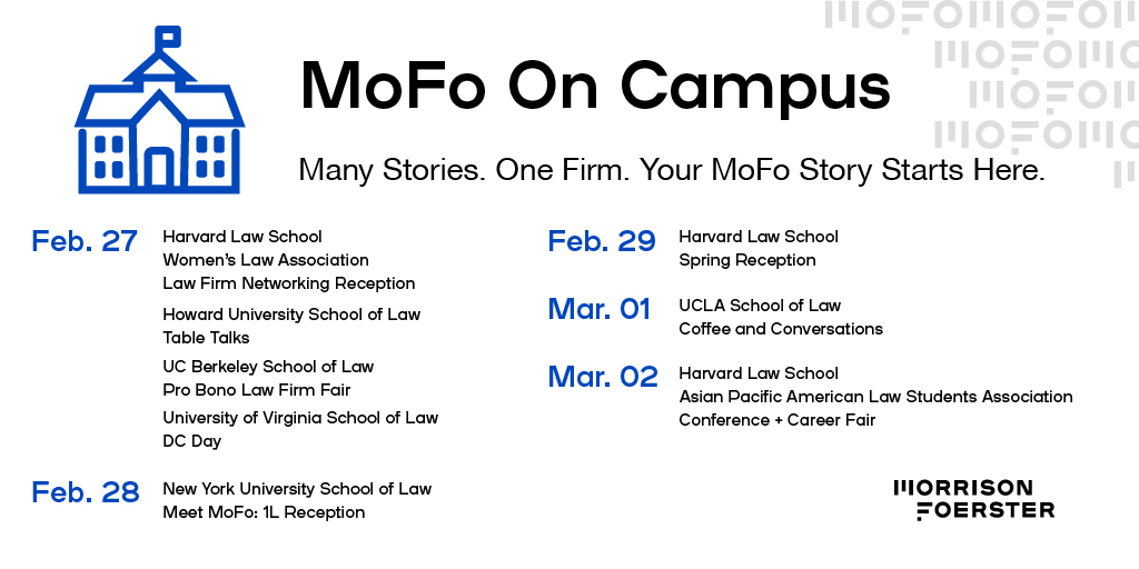 MoFoLLP's tweet image. 1Ls, join MoFo at our events with @Harvard_Law, @howardlawschool, @nyulaw, @BerkeleyLaw, @UCLA_Law, and @UVALaw this week! For information about our practice areas, #SummerAssociate Program, and upcoming events, register to be added to our mailing list: bit.ly/46VCme9