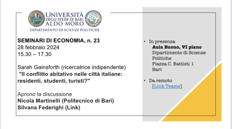 Gianfranco Viesti (@profgviesti) on Twitter photo Di chi sono le città?
Il conflitto abitativo nelle città italiane: residenti, studenti, turisti
Ne parla <a href="/sarahegain/">sarah gainsforth</a> al Dipartimento di Scienze Politiche <a href="/unibait/">Uniba.it Aldo Moro</a>
Il 28/2 alle 15.30
in presenza e da remoto Di chi sono le città?
Il conflitto abitativo nelle città italiane: residenti, studenti, turisti
Ne parla <a href="/sarahegain/">sarah gainsforth</a> al Dipartimento di Scienze Politiche <a href="/unibait/">Uniba.it Aldo Moro</a>
Il 28/2 alle 15.30
in presenza e da remoto