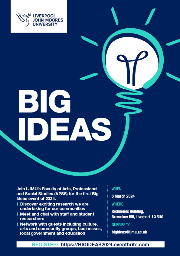 Sign up for the @apss_research Big Ideas conference taking place on 6th March at the Redmonds Building. Register on Eventbrite here: eventbrite.com/e/ljmu-big-ide… Some great speakers including @Panderson2588 @gillianmobrien @AngeGarden @Lindsey1Metcalf John Maxwell & Simon Piasecki!