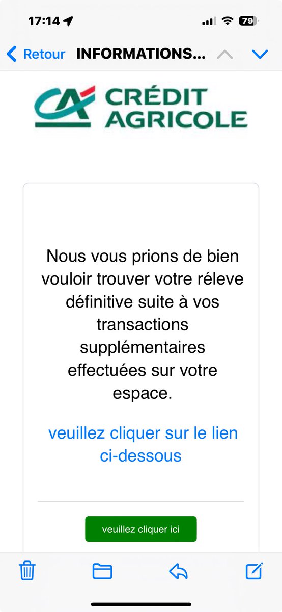 Alexandre Lenoir 🦋 🇫🇷🇪🇺🇺🇦 (@alex_lenoir) on Twitter photo Et après <a href="/SocieteGenerale/">Societe Generale Group</a>, c’est <a href="/CreditAgricole/">Crédit Agricole</a> qui y passe.
Même mail, on change juste le logo. Pourquoi s’emmerder si ça marche.
#phishing Et après <a href="/SocieteGenerale/">Societe Generale Group</a>, c’est <a href="/CreditAgricole/">Crédit Agricole</a> qui y passe.
Même mail, on change juste le logo. Pourquoi s’emmerder si ça marche.
#phishing