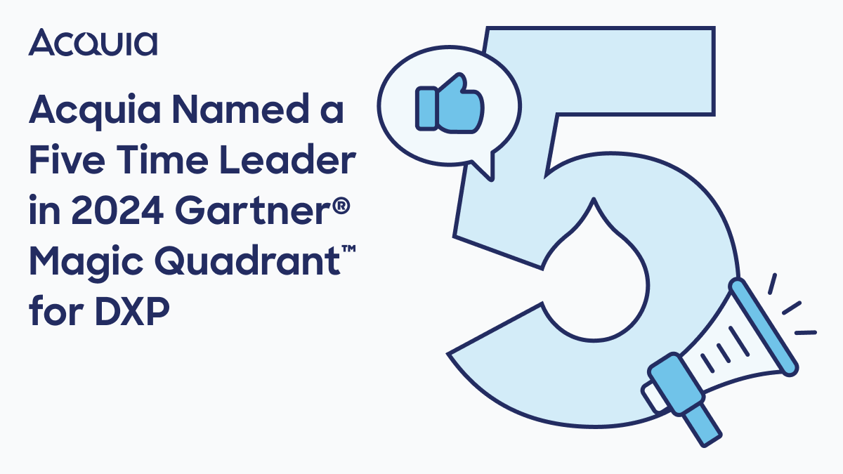 acquia's tweet photo. We did it again! We’re named a Leader in the Gartner® Magic Quadrant™ for DXPs for the fifth year in a row. Read the full report: https://t.co/GLJMun2Tz4 https://t.co/3FssMaLLa6