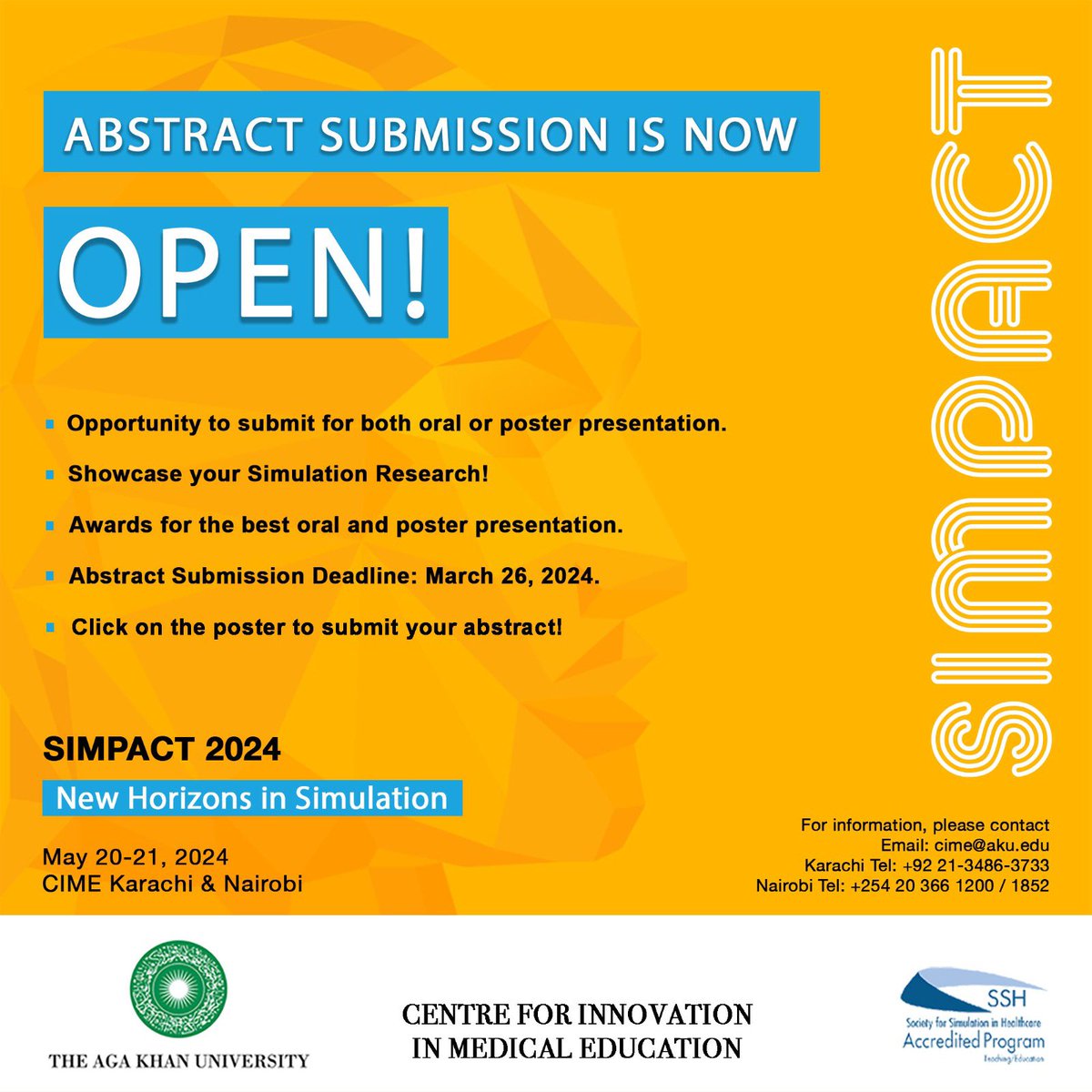 SIMPACT will be the first Simulation conference of the country hosted jointly by Karachi and Nairobi @CIME @AKUGlobal. Workshops, panel discussions, research presentations and talks by leaders in the field! Let’s make a SIMPACT together! #simpact #MedEd