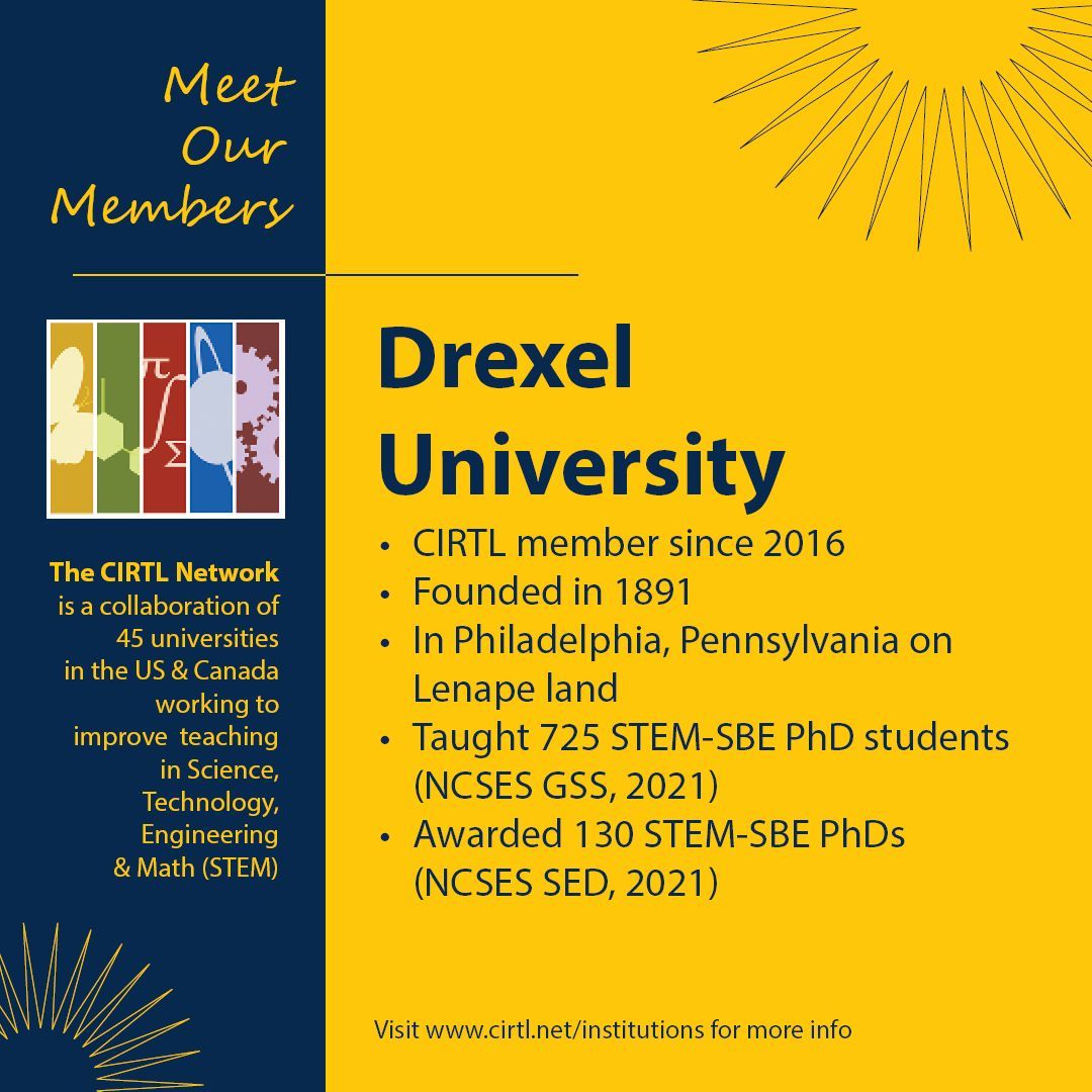 CIRTL Network (@cirtlnetwork) on Twitter photo This weeks' member in the spotlight is <a href="/DrexelUniv/">Drexel University</a>, a CIRTL member since 2016. Drexel is unique among CIRTL members in having a center for teaching and learning exclusively focused on STEM disciplines! Read more about <a href="/DrexelCASTLE/">Drexel CASTLE</a> & its work with CIRTL @ buff.ly/48bQ6Bu This weeks' member in the spotlight is <a href="/DrexelUniv/">Drexel University</a>, a CIRTL member since 2016. Drexel is unique among CIRTL members in having a center for teaching and learning exclusively focused on STEM disciplines! Read more about <a href="/DrexelCASTLE/">Drexel CASTLE</a> & its work with CIRTL @ buff.ly/48bQ6Bu