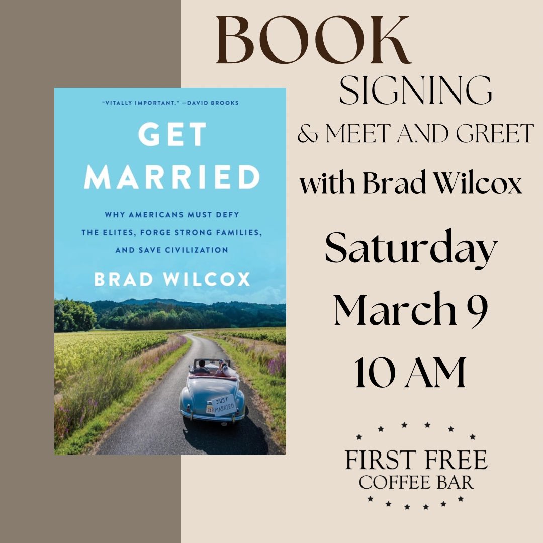 You are invited to our first ever coffee shop book signing. 🎉 Next Saturday, come meet local author and UVA Professor of Sociology Brad Wilcox as he promotes this very important book he published last month. See you then!📚