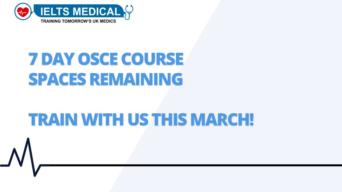 Looking for OSCE Training? 

IELTS Medical have spaces remaining on a 7 Day Course from our London Training Centre ⬇️ 

Book your exciting next career step now! 

Booking Link: iemedical.co.uk/centre-course-…

#ieltsmedical #ProfessionalDevelopment #oscecourse #OSCE #clinicaltraining