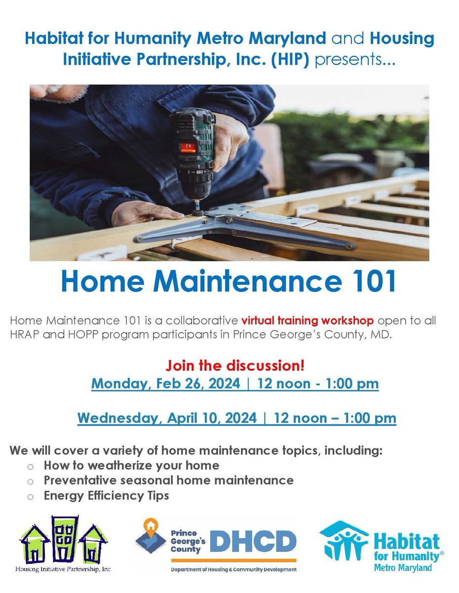 Homeowners, 
Are you busy today at noon?

Join us for our Home Maintenance 101 virtual workshops. Our experienced home inspectors will share some valuable tips and answer your questions.

ZOOM LINK - us06web.zoom.us/j/2696221795?p… 

Meeting ID: 269 622 1795 | Passcode: 269787