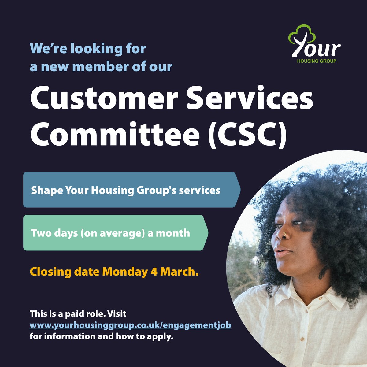 🚨 One week left! 🧍 If you're a Your Housing Group resident, you'd like to shape the services you receive & you have experience in housing - we want to hear from you as we look for a new member of our Customer Services Committee. Find out more & apply ow.ly/1aPX50QwR9S