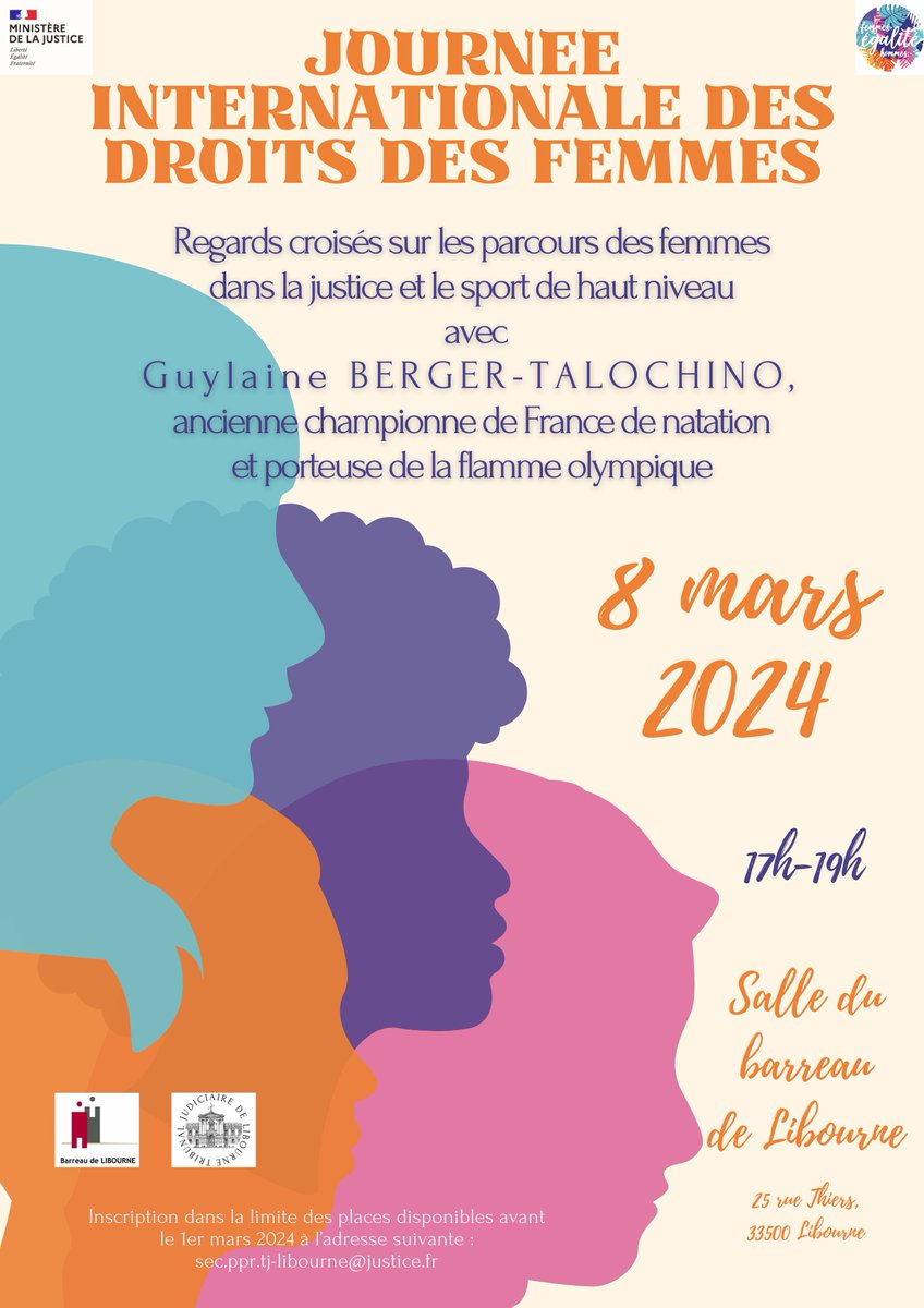 Le <a href="/TJLibourne/">Tribunal judiciaire de Libourne</a> vous convie avec le <a href="/BarreauLibourne/">Barreau de Libourne</a> à l'évènement consacré à la journée internationale des droits des femmes. Inscription dans la limite des places disponibles
#8mars #JourneeInternationaleDesDroitsDesFemmes #Libourne