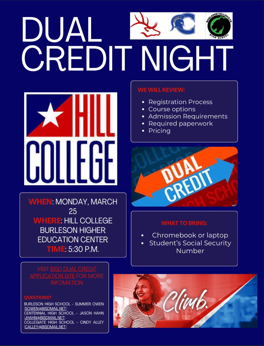 Do you want to earn college credit while you’re still in high school?? Current sophomores and juniors are encouraged to join us March 25 for Dual Credit Night for more information! #BISDgoestocollege