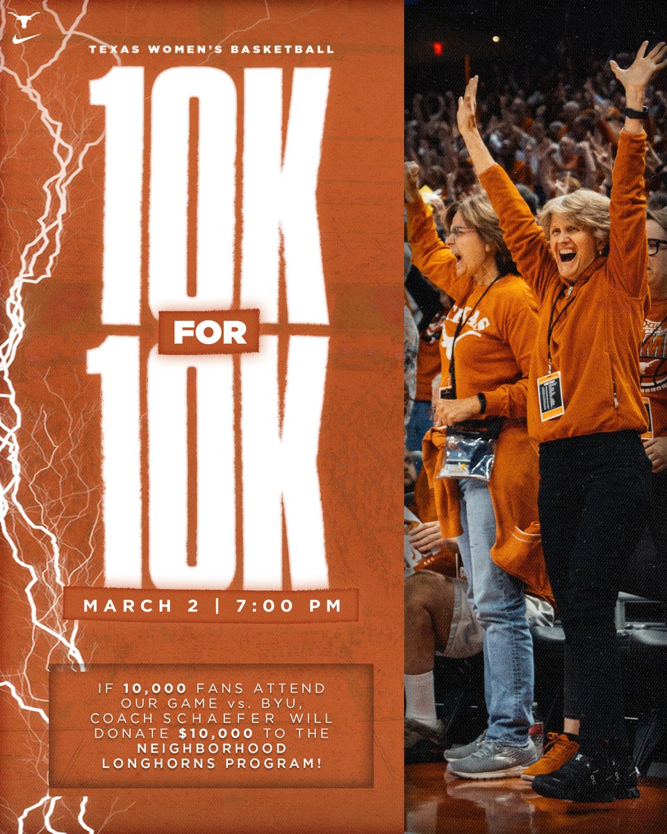 Texas Women's Basketball (@texaswbb) on Twitter photo WE NEED YOU ‼️
help us support <a href="/UTexasNLP/">Neighborhood Longhorns Program</a> and buy a ticket to our game this Saturday vs. BYU 🤘
🎟️ hookem.at/10Kfor10K
#HookEm WE NEED YOU ‼️
help us support <a href="/UTexasNLP/">Neighborhood Longhorns Program</a> and buy a ticket to our game this Saturday vs. BYU 🤘
🎟️ hookem.at/10Kfor10K
#HookEm
