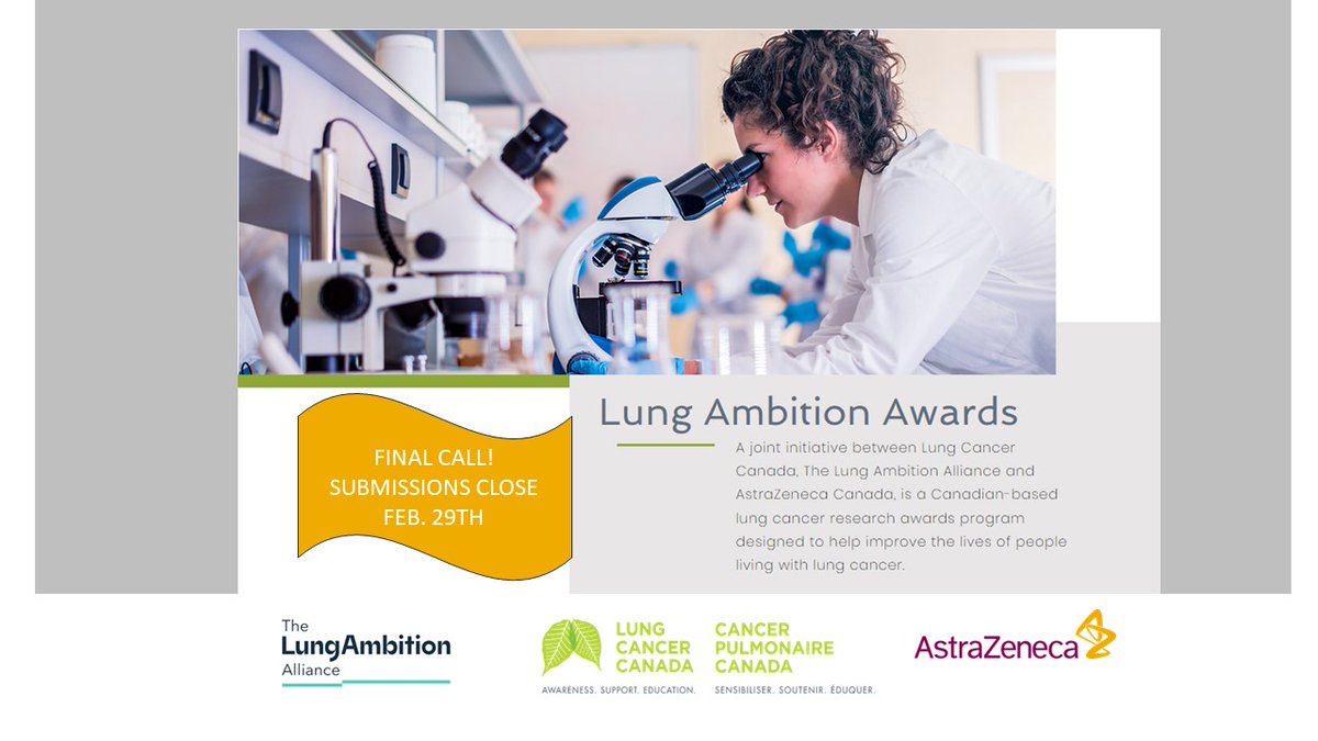 Final Call: Lung Ambition Awards submissions will close on Feb 29. All the details here: lccresearch.ca #LCSM @LungCancer_Can @LungAmbition