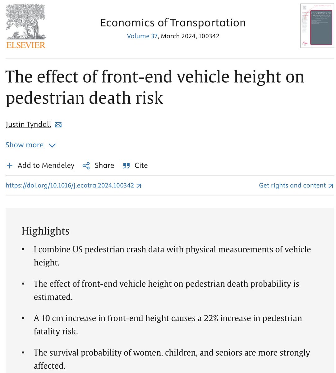 Terrifying finding from this new study - every 10 cm increase in a vehicle's front-end height causes a 22% increase in pedestrian-fatality risk. sciencedirect.com/science/articl…