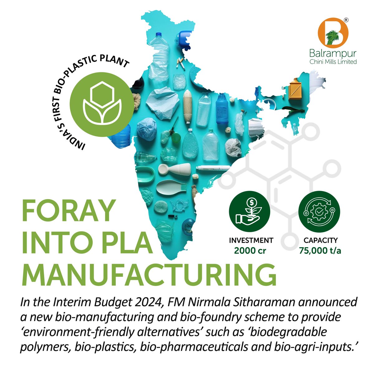 Balrampur Chini Mills (@bcmlofficial) on Twitter photo In line with PM <a href="/narendramodi/">Narendra Modi</a>’s vision, #BCML is venturing into PLA manufacturing. We are optimistic about circular bioeconomy as envisioned by <a href="/mygovindia/">MyGovIndia</a> & look forward to continued support from Govt as we embark on this journey. <a href="/myogiadityanath/">Yogi Adityanath</a> <a href="/nsitharaman/">Nirmala Sitharaman</a> <a href="/UPGovt/">Government of UP</a> <a href="/PMOIndia/">PMO India</a> In line with PM <a href="/narendramodi/">Narendra Modi</a>’s vision, #BCML is venturing into PLA manufacturing. We are optimistic about circular bioeconomy as envisioned by <a href="/mygovindia/">MyGovIndia</a> & look forward to continued support from Govt as we embark on this journey. <a href="/myogiadityanath/">Yogi Adityanath</a> <a href="/nsitharaman/">Nirmala Sitharaman</a> <a href="/UPGovt/">Government of UP</a> <a href="/PMOIndia/">PMO India</a>