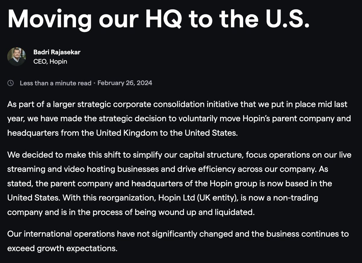 Please read an update from our CEO regarding the Hopin Ltd (UK entity) liquidation: TLDR; We are moving our HQ to the US. Thank you. Statement: hopin.com/blog/moving-ou…