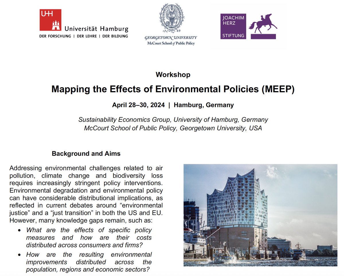 CfP alert for our workshop “Mapping the Effects of Environmental Policies” April 28-30, 2024. We will explore how distributional effects of environmental policies can be captured more comprehensively &amp; made available for the public. Deadline 11.03. Flyer: uhh.de/wiso-meep-cfp