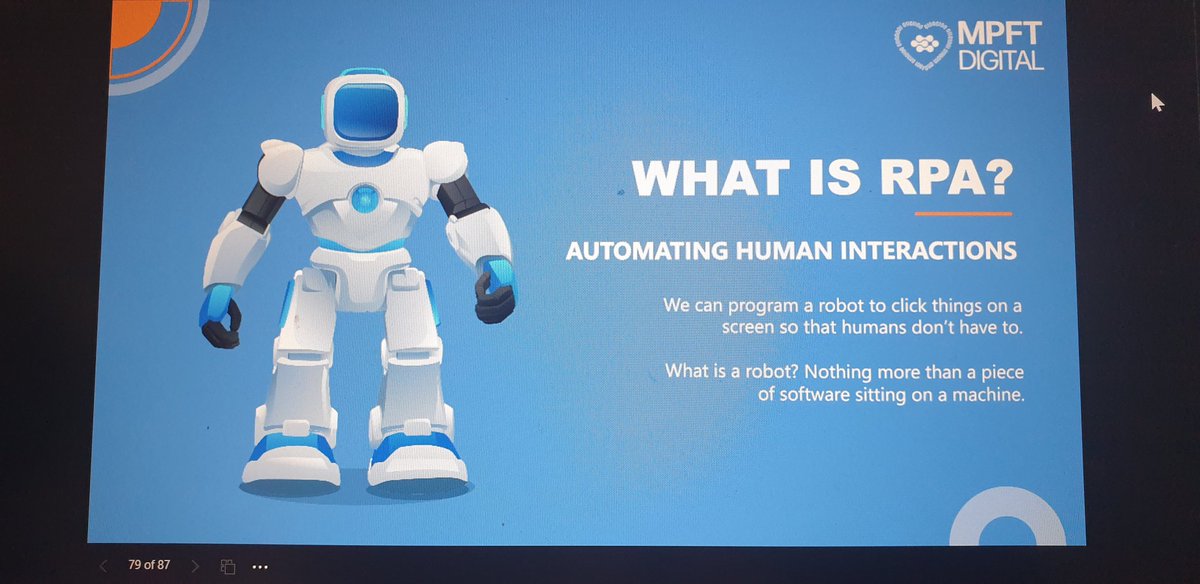 Rachel (@burdenbasket) on Twitter photo Automating human interactions with <a href="/shaunallcock/">Shaun Allcock</a> at #MPFTDigitalFair <a href="/MpftDigital/">MPFT Digital (NHS)</a>
Reducing repetitive tasks to free up staff time to have more clinical time. Machines don't need breaks and can keep working 24/7. Automating human interactions with <a href="/shaunallcock/">Shaun Allcock</a> at #MPFTDigitalFair <a href="/MpftDigital/">MPFT Digital (NHS)</a>
Reducing repetitive tasks to free up staff time to have more clinical time. Machines don't need breaks and can keep working 24/7.