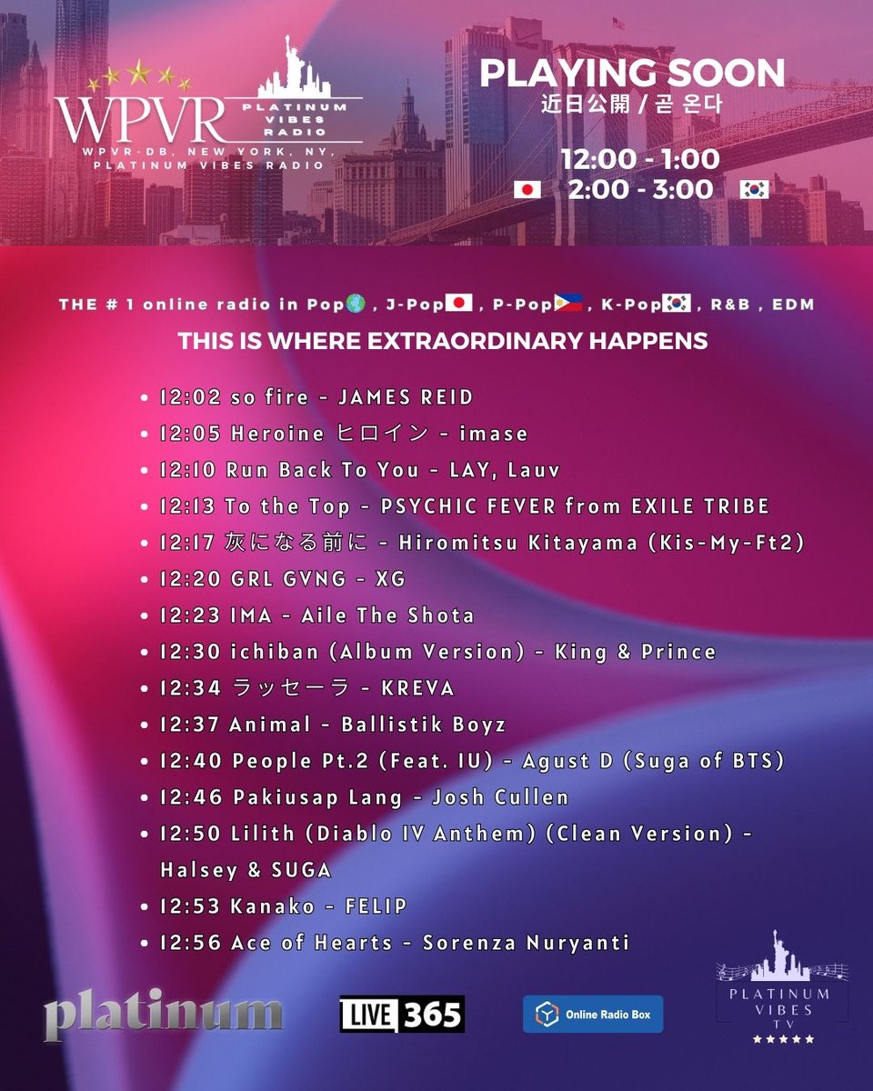 platinumvibes8's tweet photo. 02.26.24 - #PlayingSoon #近日公開 #곧온다 on #WPVR NYC from 12:00-12:59, the # 1 online radio in Pop 🌎, J-Pop🇯🇵, P-Pop🇵🇭, K-Pop🇰🇷, R&B 🎶, EDM ⚡️ will feature songs by: @tellemjaye @imase_1109 @layzhang @psyfe_official @k_hiro_mitsu917 #XG #AileTheShota #KingandPrince @ballistik_fext #KREVA #AgustD #JOSHCULLEN #Halsey #SUGA @felipsuperior @SorenzaNuryanti #RB2U #Lauv
Listen online: https://t.co/0PIniaQcsf
Broadcasting from New York City to the World....This is where extraordinary happens!