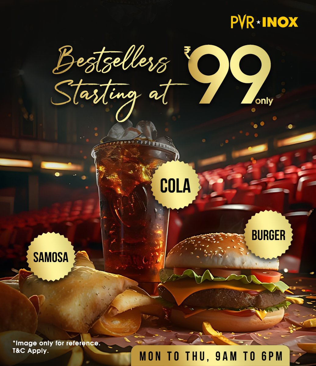 Brace yourself for a flavor explosion! 🍔🥤 Unleash your taste buds with our delectable Cola, Burger, and Samosa combo, starting at an unbeatable Rs99 from Monday-Thursday 9:00 a.m. to 6:00 p.m.
.
.
.
*T&C Apply
#TastyDelights #PVRTreats #Samosa #Burger #Offer #Deals #Discount