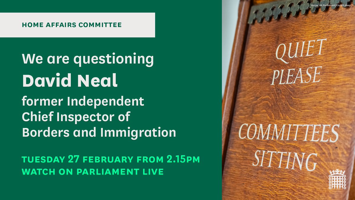 🕝Tomorrow, we will be hearing from the former Independent Chief Inspector of Borders and Immigration, David Neal. 

📺Watch live from 2:15pm: parliamentlive.tv/event/index/3c…