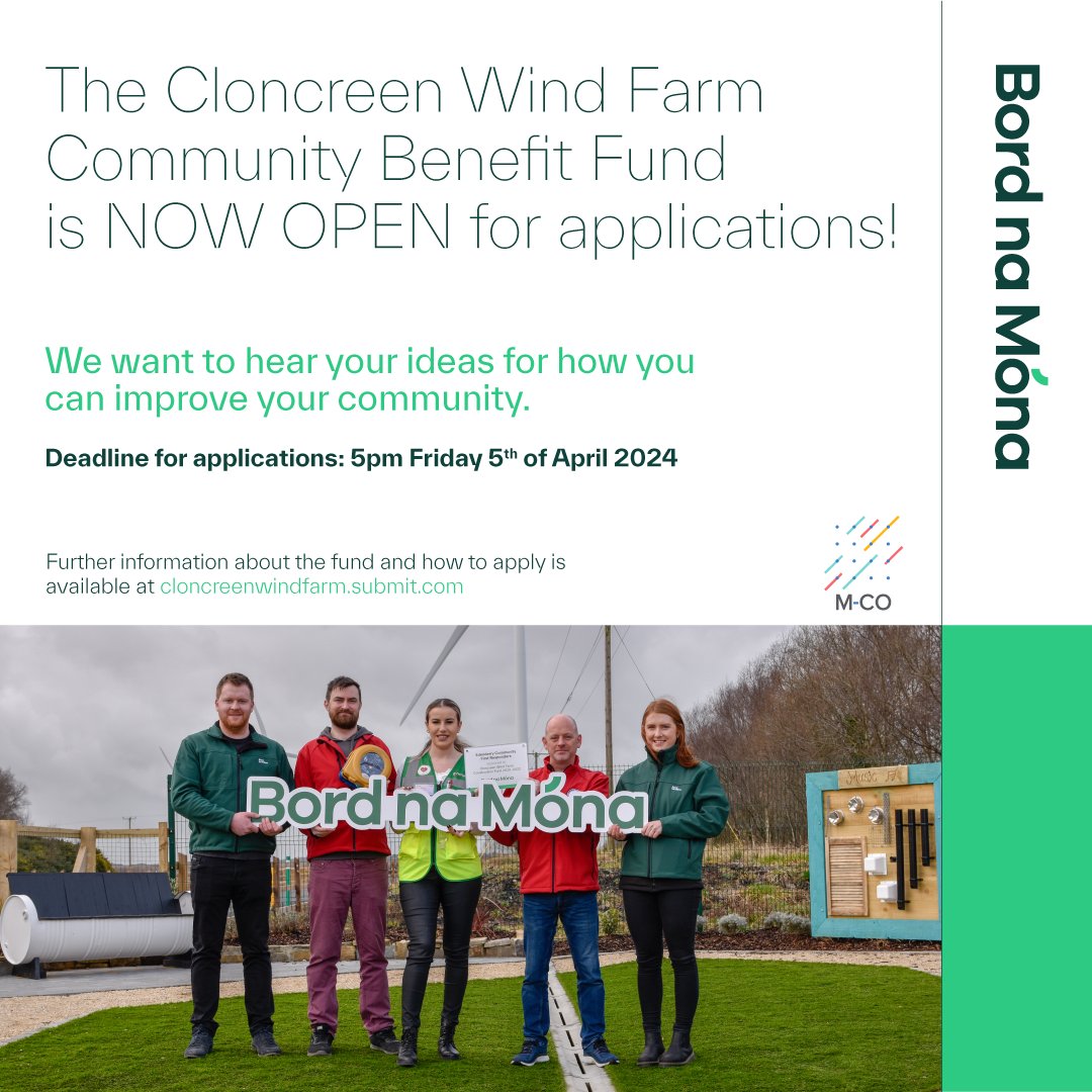 Delighted to announce that the Cloncreen Wind Farm Community Benefit Fund 2024 is open for applications! €150,000 available for community groups, social enterprises and non-profits near to the wind farm. All info on how to apply available at cloncreenwindfarm.submit.com.