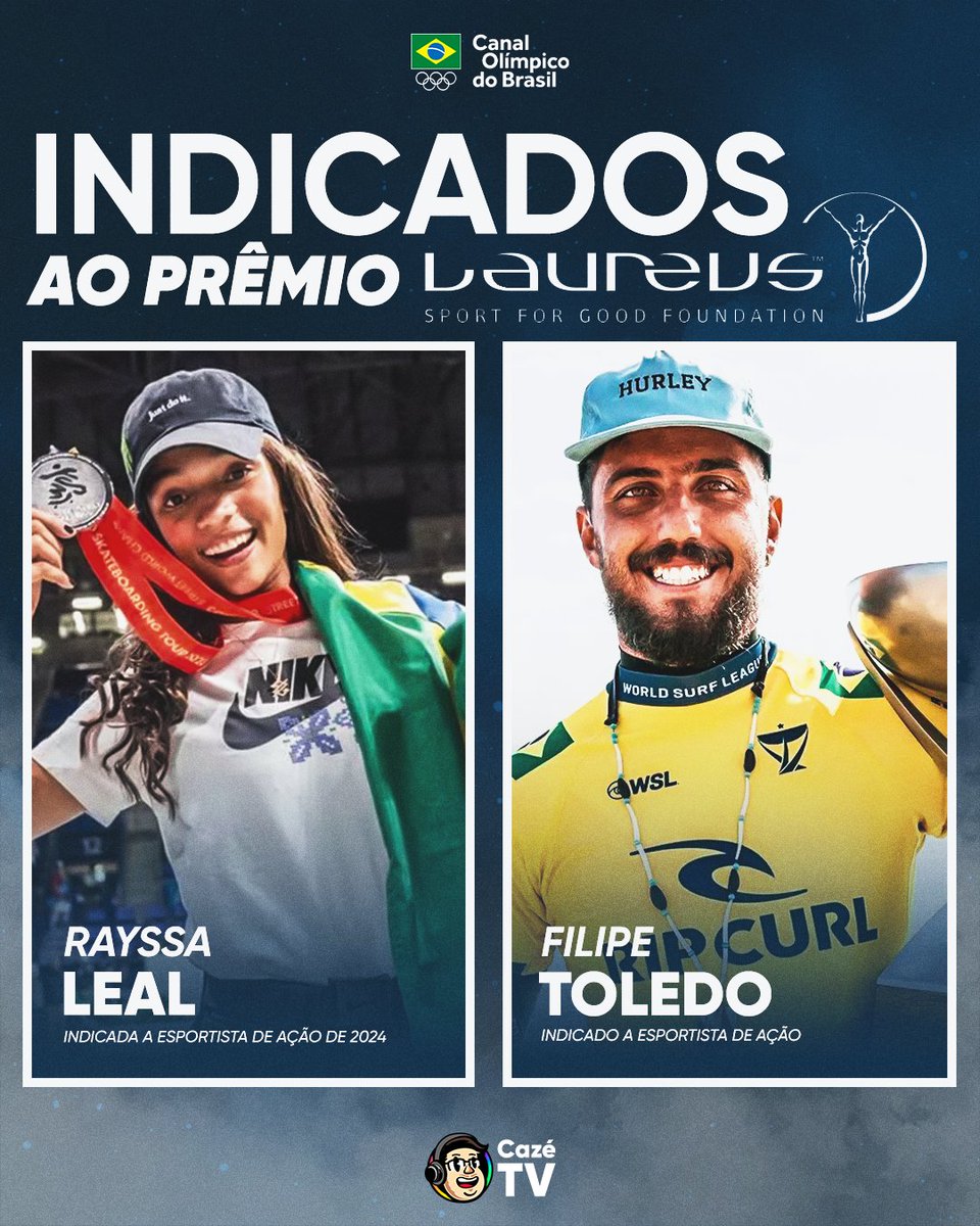 CazéTV (@cazetvoficial) on Twitter photo OS BRABOS 🛹🏄🏼
Nossos campeões mundiais <a href="/rayssaleal/">Rayssa Leal - OFICIAL</a> e <a href="/Filipetoledo77/">Filipe Toledo</a> foram indicados pelo segundo ano consecutivo ao Prêmio Laureus, considerado o "Oscar do esporte", pelo segundo ano consecutivo! São VICIADOS em nos encher de orgulho, pô! 🤩 OS BRABOS 🛹🏄🏼
Nossos campeões mundiais <a href="/rayssaleal/">Rayssa Leal - OFICIAL</a> e <a href="/Filipetoledo77/">Filipe Toledo</a> foram indicados pelo segundo ano consecutivo ao Prêmio Laureus, considerado o "Oscar do esporte", pelo segundo ano consecutivo! São VICIADOS em nos encher de orgulho, pô! 🤩