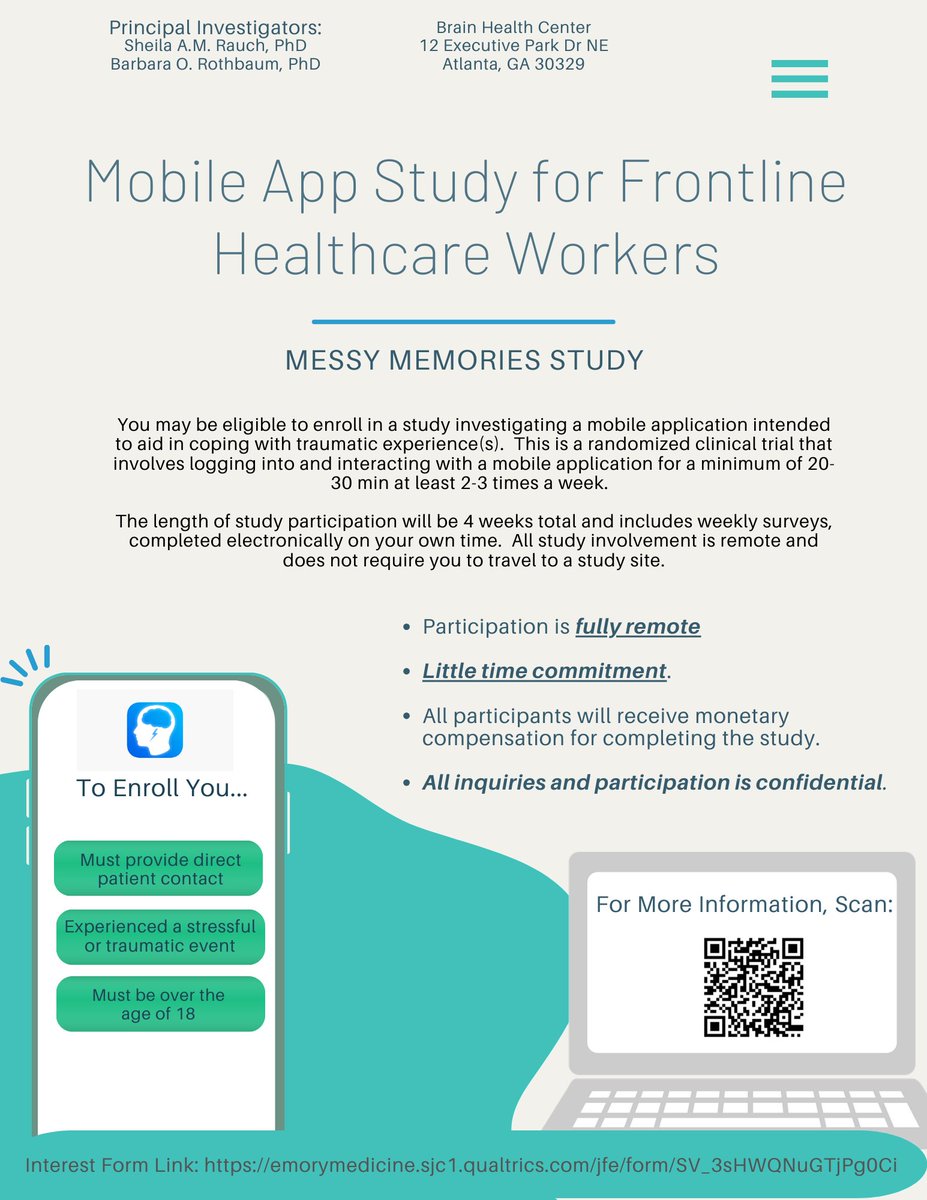 Are you a frontline, healthcare worker who has experienced a traumatic event? We’re looking for individuals to participate in a remote, randomized clinical trial to test coping skills in a mobile app format: brnw.ch/21wHkIr