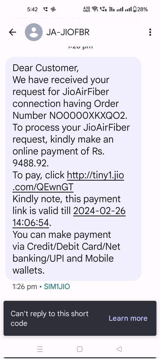 kalamkhusroo's tweet photo. @JioCare @JioFiberChennai @reliancejio मैंने अपने जियो फाइबर के लिए पेमेंट किया था, लेकिन हमारे एरिया के सर्विस प्रोवाइडर का कहना है की पेमेंट नहीं अपडेट है अपका जिस कारण मेरा जियो एयर फाइबर स्टार्ट नहीं किया जा रहा है और ना ही पेमेंट रिफंड किया जा रहा है। उम्मीद है मदद मिलेगी। https://t.co/3fcsRV9Qvu
