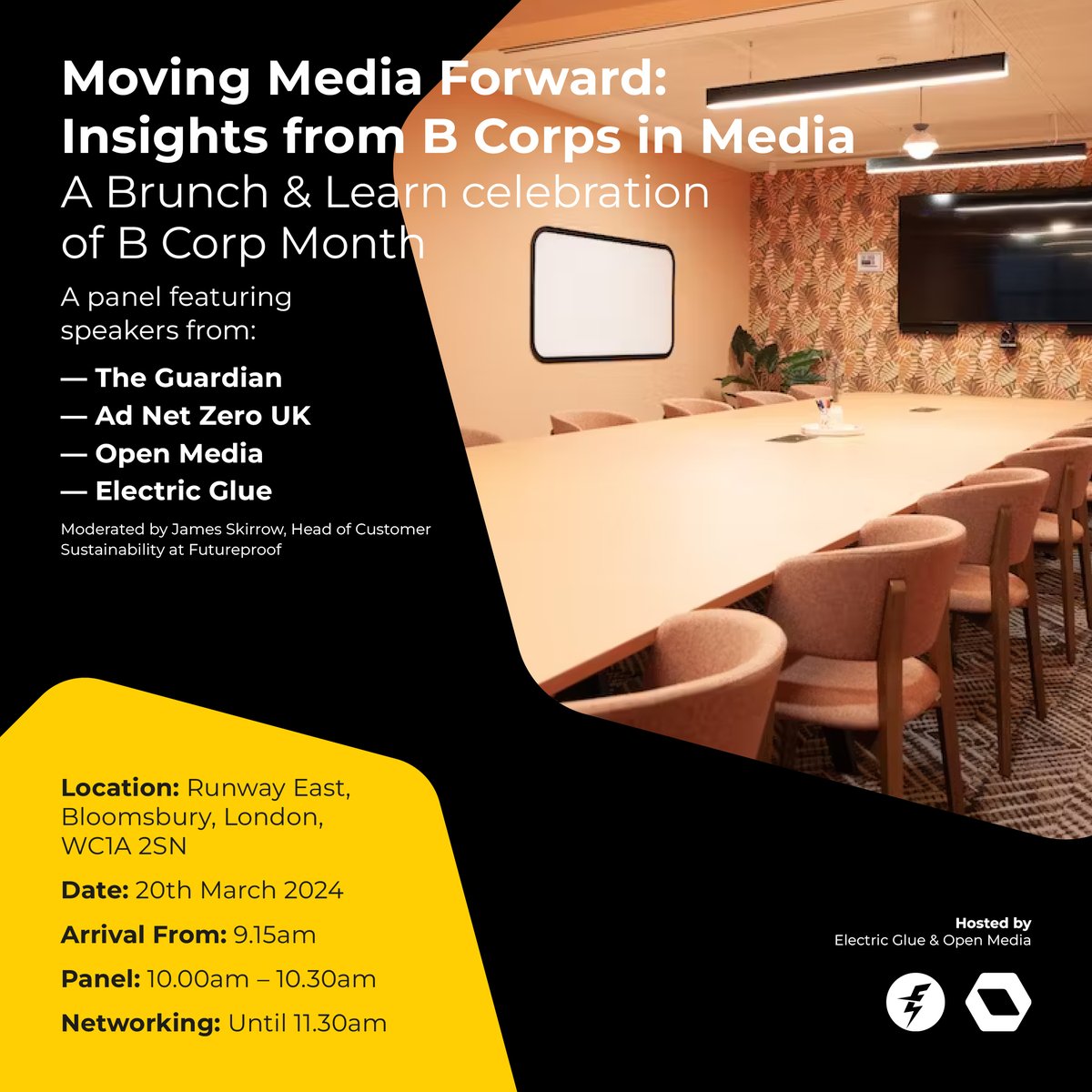 Looking forward to hosting a breakfast networking & panel event alongside @openmediauk  in celebration of BCorp month! ⚡️💛

Moving Media Forward: Insights from B Corps in Media will feature speakers from The @guardian @adnetzero UK

Please RSVP here: buytickets.at/openmedia/1163…